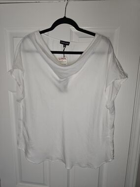 Modern Works Drape Neck White Blouse Short Sleeve Size XL